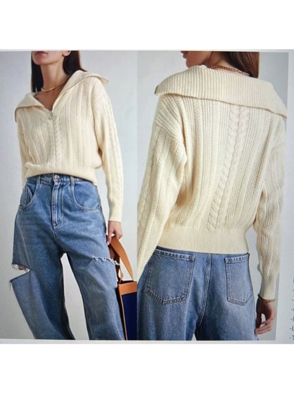 Reformation Lucca Cable Knit Quarter Zip Organic Cotton Sweater Collared